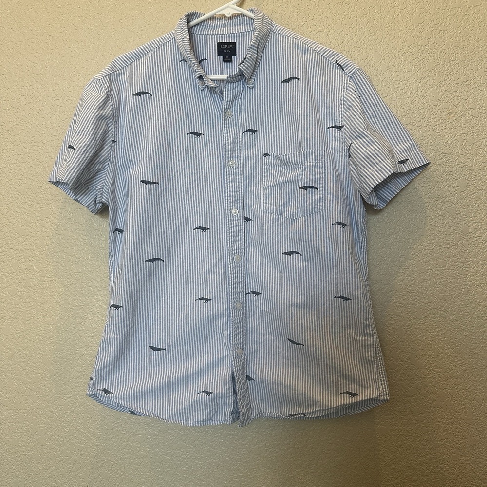 J.CREW Flex Nautical Whale Blue Print Striped Short Sleeve Shirt Medium Men's